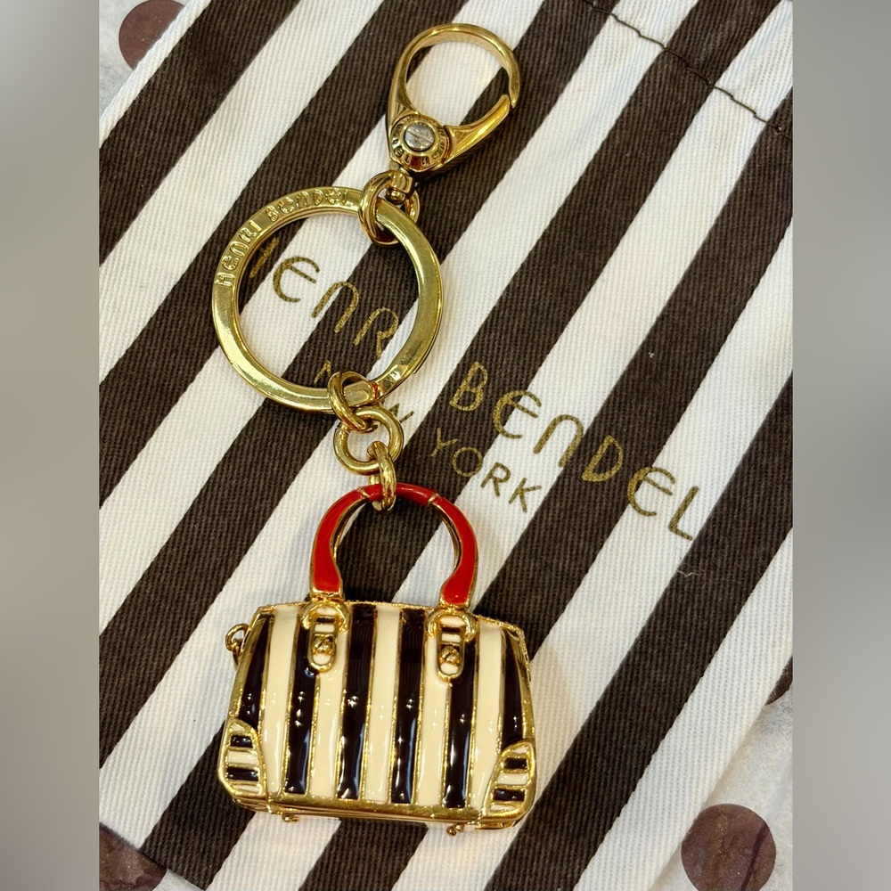 NWOT HENRI BENDEL Gold & Brown Stripe Mini Bag Keychain with Red Handle - Picture 10 of 14